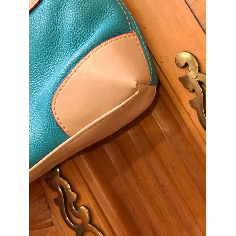 Tignanello Turquoise & Beige Pebbled Leather Convertible Bag W Front‎ Pocket Adj